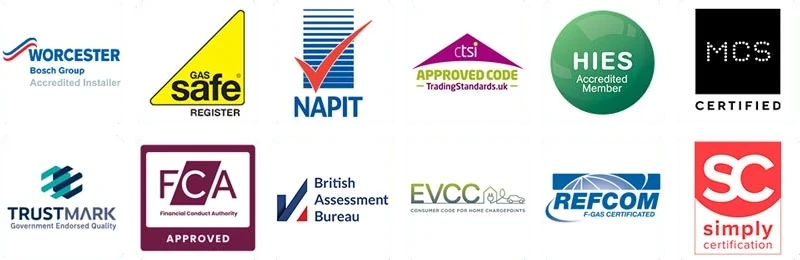 Clever Energy Boilers accreditations: Worcester Bosch Accredited Installer, Gas Safe, NAPIT, MCS, TrustMark, FCA, REFCOM and more